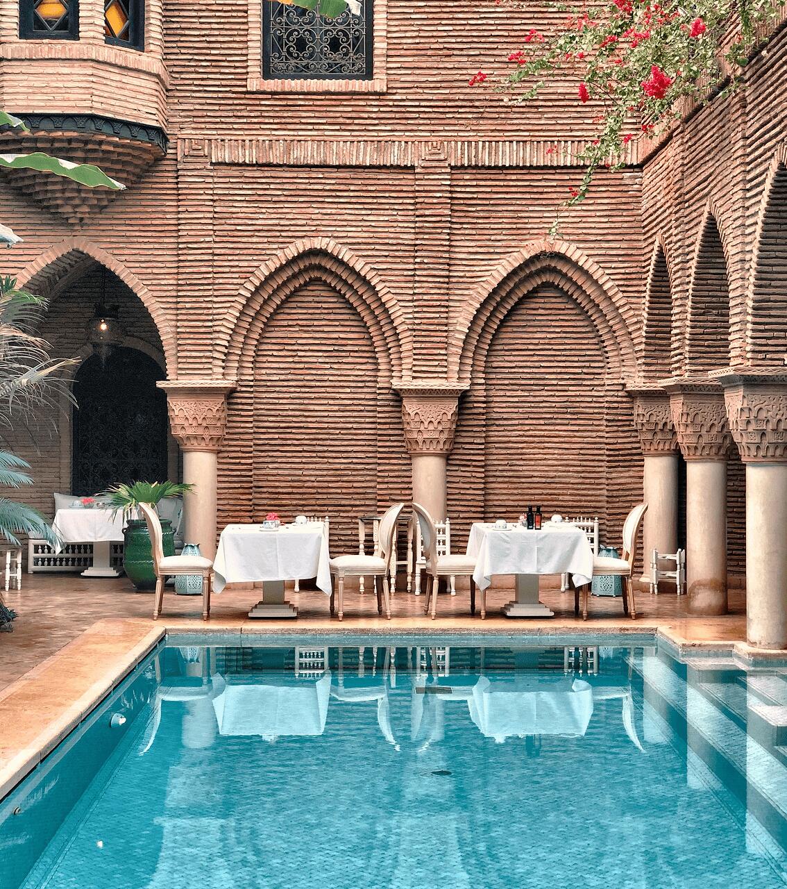 View of the pool at La Sultana, a five star hotel comprised of five riads in the Kasbah district of Marrakesh, Morocco. 
