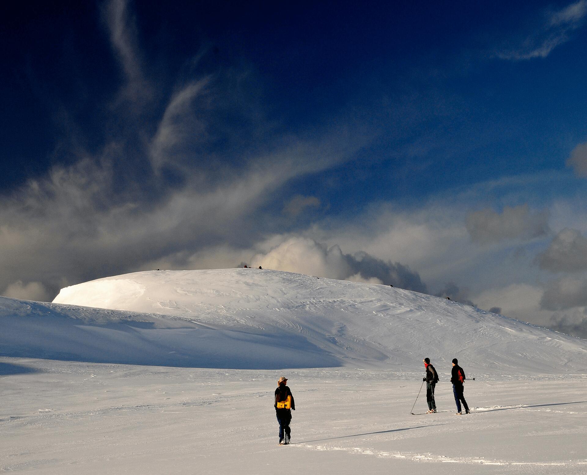 Group of people hiking in the Arctic under a dramatic sky.