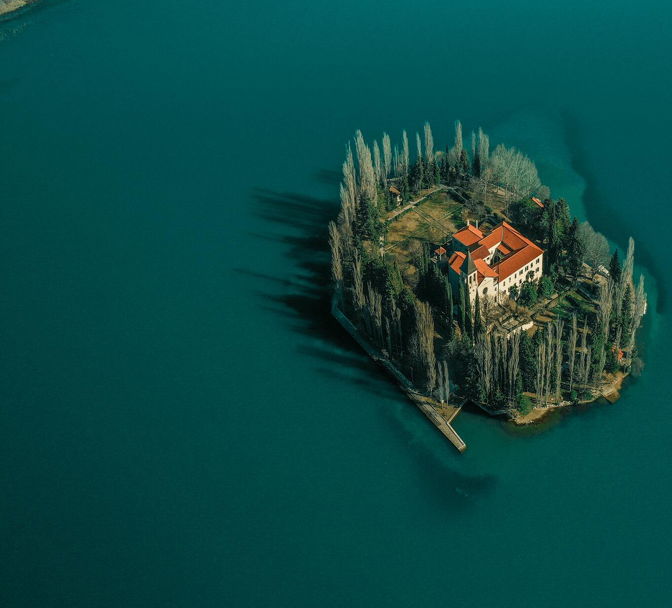 Aerial view of Visovac Monastery situated on a small island the Krka National Park, Croatia.